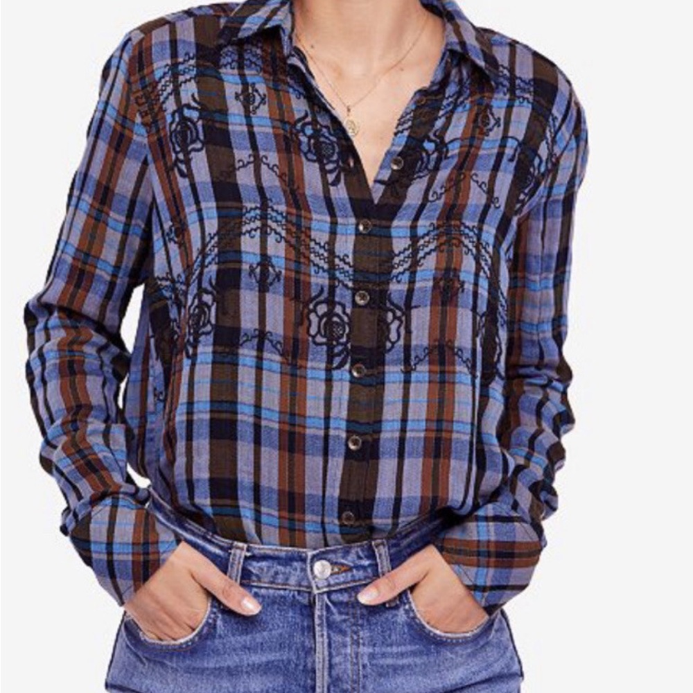 Free People Magical Plaid Embroidered Shirt Blue Size XS - Picture 3 of 10